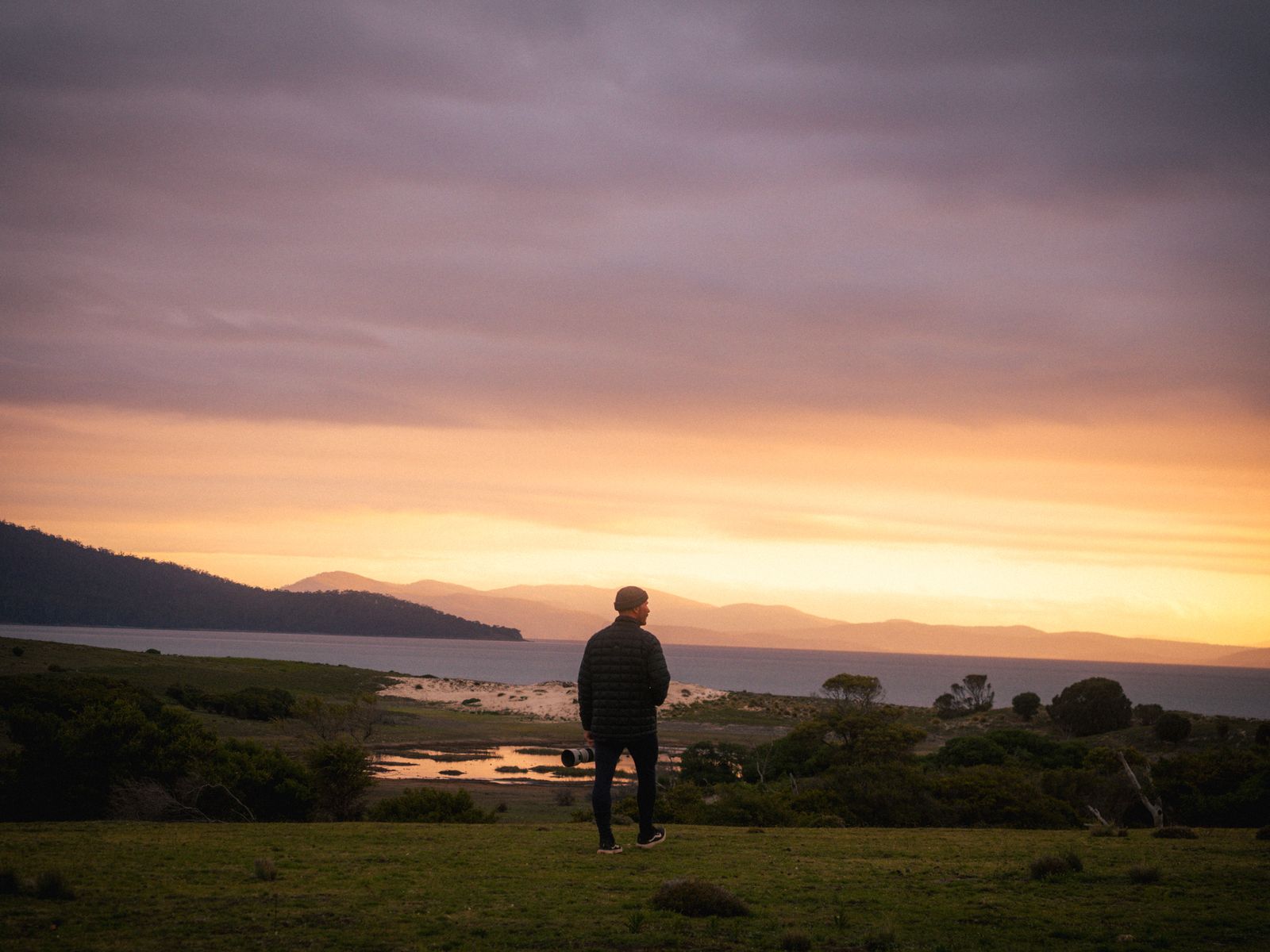 Sunset over the grass plains of Maria Island, Tasmania